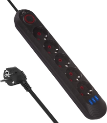 Regleta alargadora con protección contra sobretensiones con 5 tomas y 3× USB, 2500 W, negra