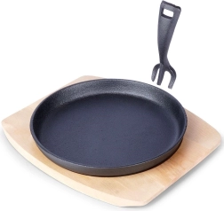 Sartén de hierro fundido para servir con tabla de madera 22 cm, set de 2 piezas