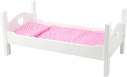 Cuna de madera para muñecas con corazones blancos