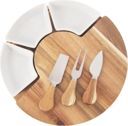 Tabla giratoria de servir de acacia para quesos con 3 cuencos y 3 cuchillos, set de 7 piezas