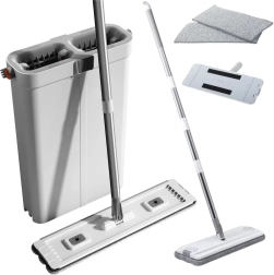 Set de limpieza con mopa plana y cubo de dos compartimentos de microfibra