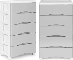 Cómoda de plástico con estantes con ruedas y 5 cajones ModernHome, gris/blanca