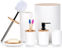 Set de baño blanco de 6 piezas con detalles de bambú