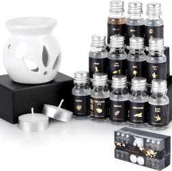 Set de regalo de aromaterapia con lámpara aromática de cerámica y 12 aceites perfumados