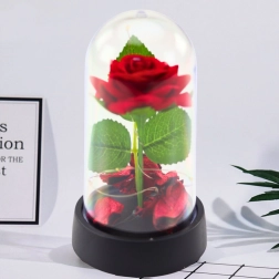 Rosa eterna en cúpula de vidrio con iluminación LED, roja 14 x 8 cm