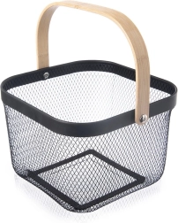 Cesta de almacenaje metálica negra con asa de bambú RADKA 27 × 24,5 × 17,5 cm