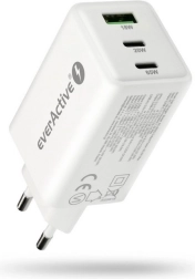 Cargador de red everActive GaN 65W con USB y 2× USB‑C PD PPS QC4+, blanco