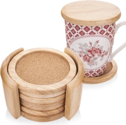 Posavasos de madera con centro de corcho y soporte, 6 uds