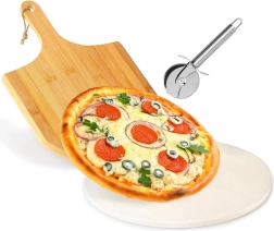 Piedra refractaria para pizza con pala de bambú y cortador de acero inoxidable, set de 3 piezas