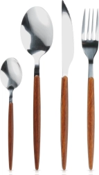 Juego de cubiertos de acero inoxidable de 16 piezas con apariencia de madera en el mango
