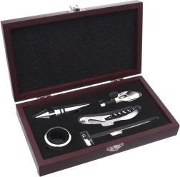Set de accesorios para vino en caja de madera, 5 piezas