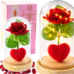 Rosa roja eterna bajo una campana de cristal con iluminación LED y corazón