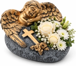 Macetero cementoso para cementerio con ángel, gris oscuro y dorado, 16 × 17,5 × 11 cm