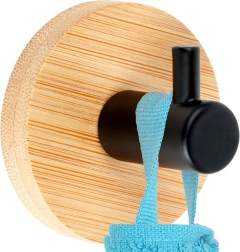 Percha adhesiva de bambú para pared con metal negro 5 × 3,5 cm