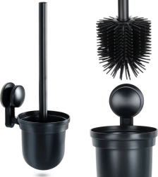 Escobilla de WC de silicona con soporte de pared y bandeja de goteo, negra