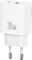 Cargador de pared 30 W con 1× USB‑C y 1× USB‑A para carga rápida, blanco