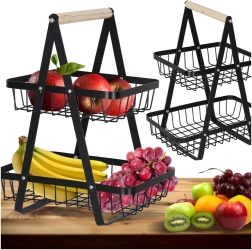 Cesta metálica de dos niveles para frutas con asa de madera