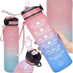 Botella de agua motivacional de 1 l con pajita y temporizador de hidratación, rosa‑azul