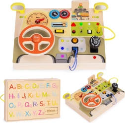Tabla sensorial busy de madera con sensor LED y volante para niños, 14 elementos, ECOTOYS