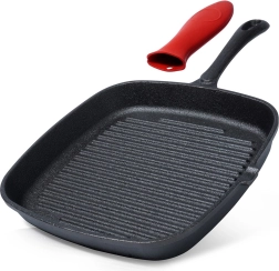 Sartén grill de hierro fundido cuadrada con protector de asa de silicona 24,5 × 24 cm