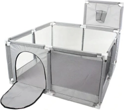 Parque infantil 130 × 130 cm con piscina de bolas y canasta – gris