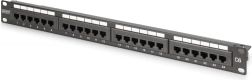 Panel de parcheo 19" 24× RJ45 Cat 6, no apantallado, 1U, LSA, guía de cables, campo de etiquetado, negro