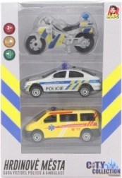 City Collection set: moto policial, coche policial y ambulancia con luz y sonido