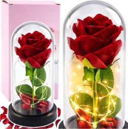 Rosa eterna de cristal bajo una cúpula con iluminación LED