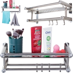 Estante de baño colgante con ganchos y barra doble para toallas, aluminio, plateado