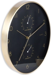 Reloj de pared ovalado negro y dorado con termómetro e higrómetro 27 × 34,5 cm