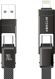 BlitzWolf cable de carga y datos 4 en 1 USB‑A/USB‑C/Lightning 240 W 1,2 m negro
