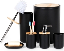set de baño negro de 6 piezas con accesorios de bambú