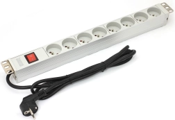 PDU regleta de extensión para rack de 19", 8× Tipo E, 1,8 m, Schuko, interruptor, aluminio