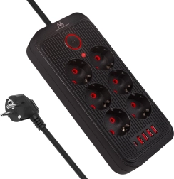 Regleta con protección contra sobretensiones con 6 tomas, USB-A y USB-C, 2500 W, negra