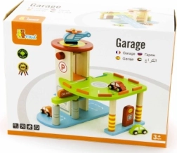 Garaje de madera con cochecitos y helicóptero
