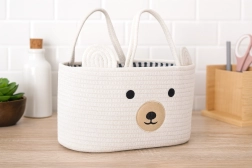 Cesta textil blanca para juguetes con forma de osito con asas 35 × 25 × 21 cm
