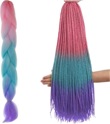 Trenzas ombré de cabello sintético rosa/turquesa/púrpura, 60 cm