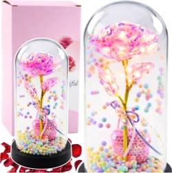 Rosa eterna rosa bajo cúpula de vidrio con iluminación LED, corazón y bolitas de colores