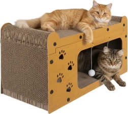 Rascador para gatos Purlov – casa de varios niveles de cartón ondulado y HDF, 29,5 × 56 × 27 cm