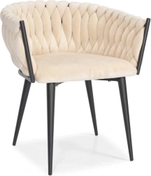 Sillón de terciopelo Glamour beige con patas negras y diseño trenzado