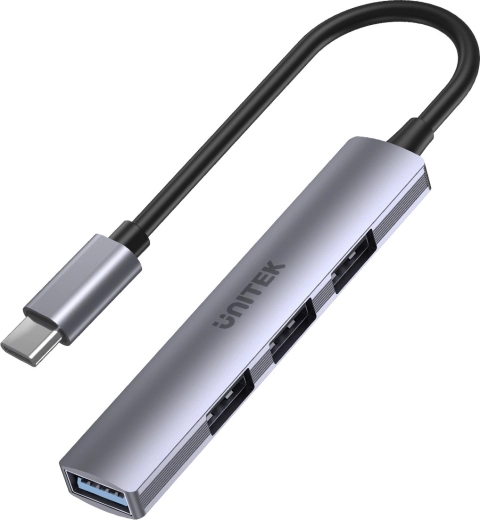 Hub UNITEK USB‑C 4× USB‑A (1× 5 Gbps + 3× USB 2.0) de aluminio