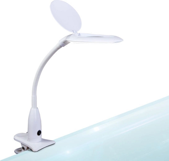 Lámpara de escritorio LED con lupa y pinza, blanca
