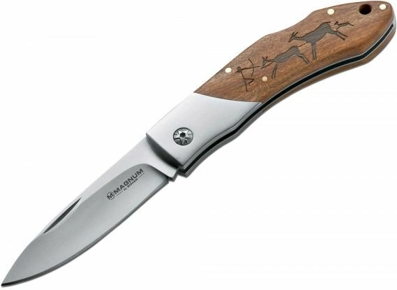 Navaja de bolsillo Magnum Caveman Steel 8,2 cm con mango de madera y motivo de cueva