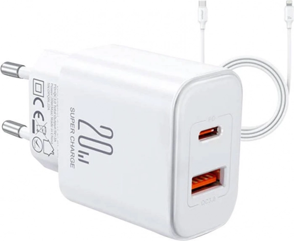 Joyroom Flash cargador de pared 20 W con dos salidas + cable USB-C a Lightning 1 m blanco