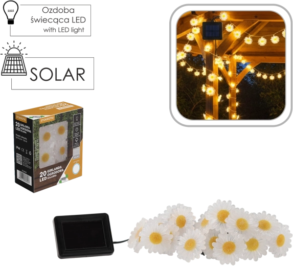 Guirnalda solar de jardín con margaritas 20 LED, blanco cálido, 2 + 3,8 m