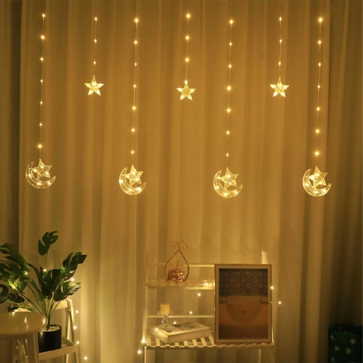 Cortina de luces LED navideñas con estrellas y lunas, 2 m