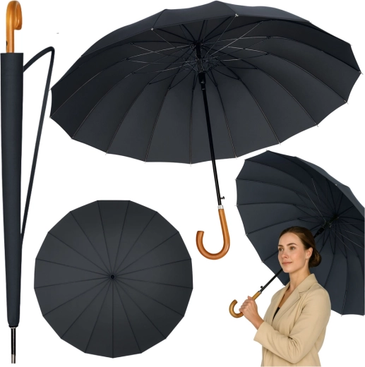 Paraguas largo automático grande con mango de madera, 24 varillas, 115 cm, negro