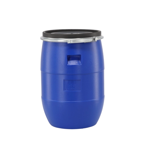 Bidón de plástico de 60 l con abrazadera metálica, azul