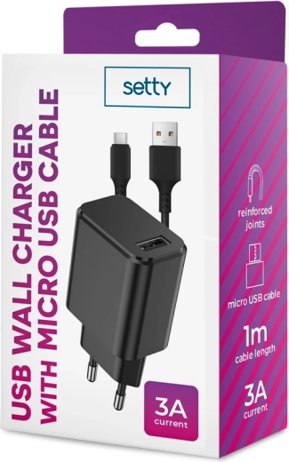 Cargador de red SETTY 1x USB 3A negro + cable microUSB 1 m