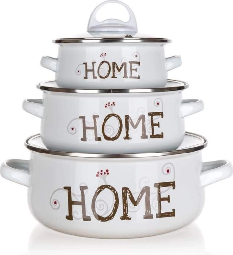 Juego de ollas esmaltadas BANQUET Home, 6 piezas, blancas con tapas de vidrio